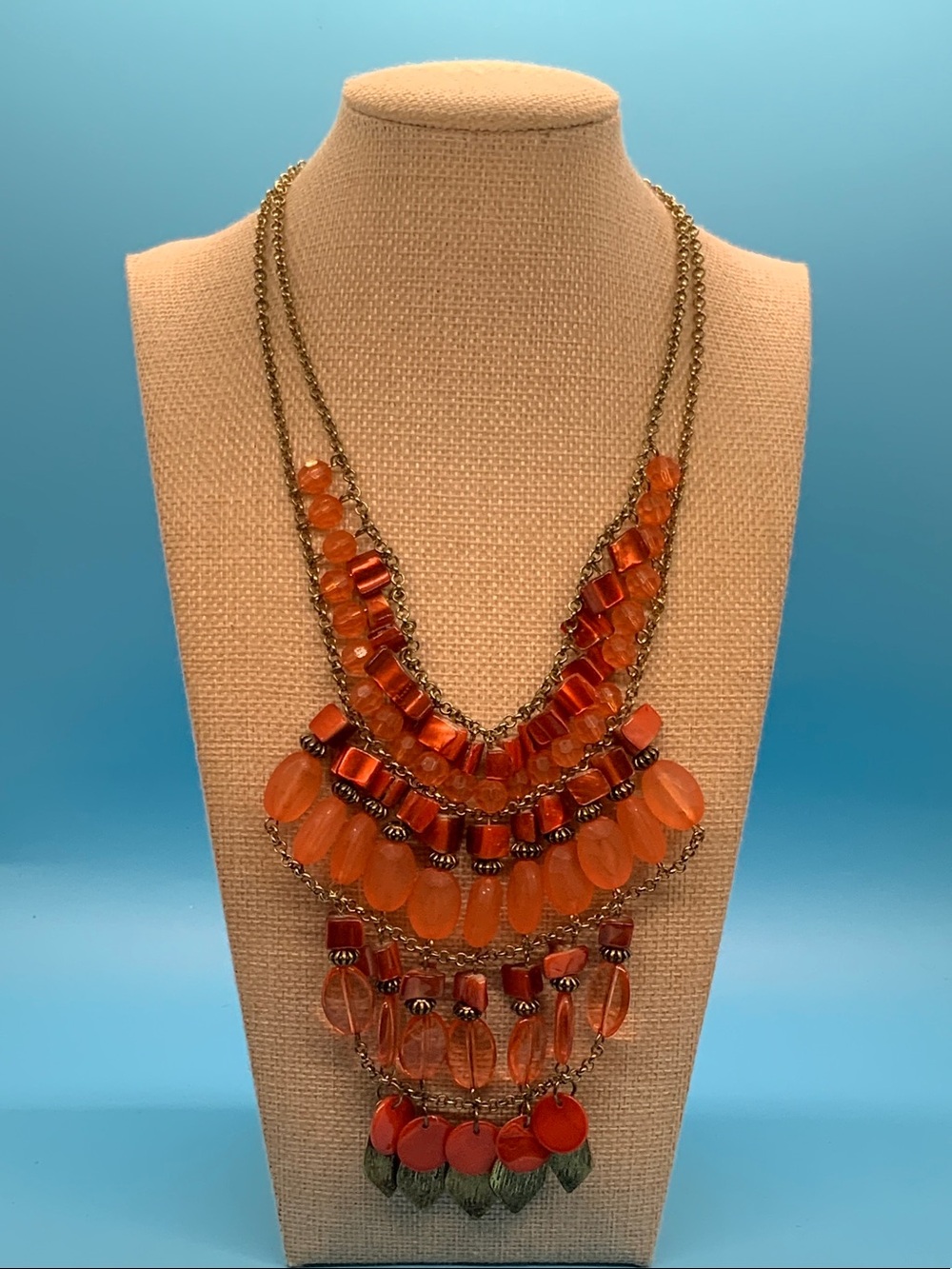 #0125.   Macy's Orange Multi-Strand Beaded Statement Necklace